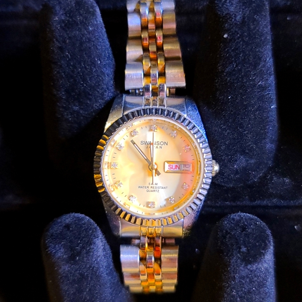 Womens Vintage Swanson Two Tone Watch w Swarovski Crystal Dials